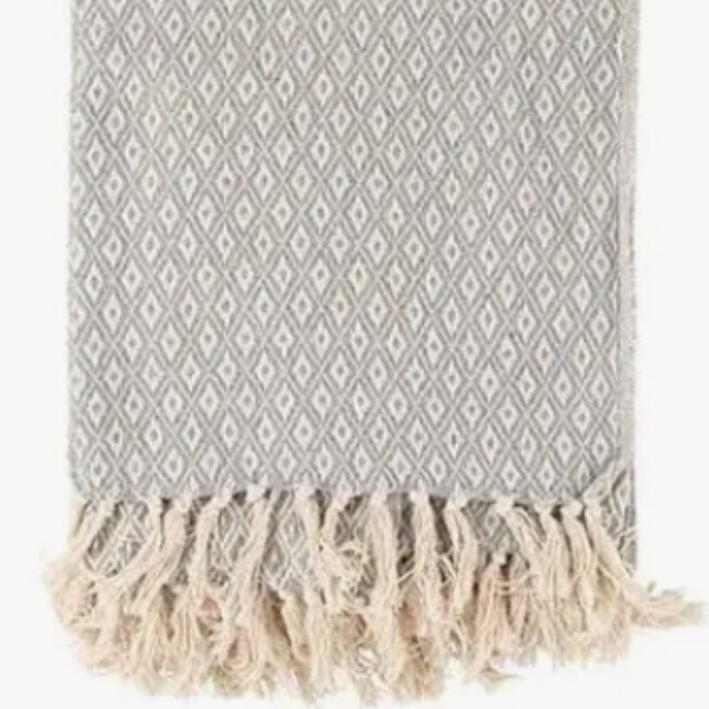 100% Cotton Checkered Blanket Throw NWT Gray NEW
